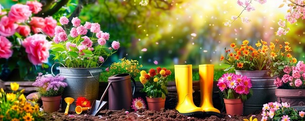 Flowerpots and Gardening Tools Adorn a Sun-Drenched Garden, Inviting Joyful Spring Planting. Made with Generative AI Technology - obrazy, fototapety, plakaty