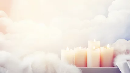 Fotobehang Burning candles near the window against the background of clouds, a postcard in pastel colors with a cozy atmosphere © kichigin19