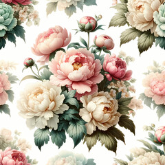 A seamless spring-summer pattern featuring a bouquet of peonies, designed as vintage wallpaper in pastel colors on a white background