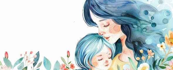 Watercolor illustration of mother and child, clip art style, beautiful flowers around, white background, long blue hair, mother holding baby in her arms - obrazy, fototapety, plakaty