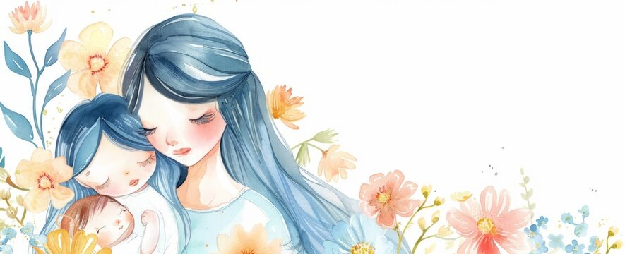 Watercolor illustration of mother and child, clip art style, beautiful flowers around, white background, long blue hair, mother holding baby in her arms