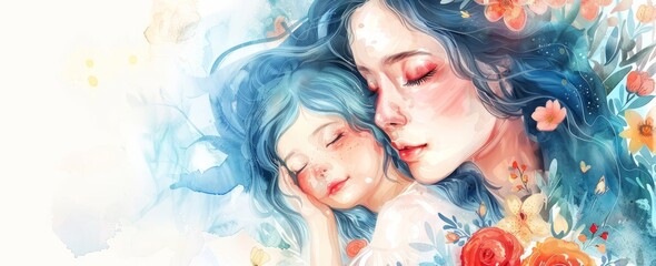 Watercolor illustration of mother and child, clip art style, beautiful flowers around, white background, long blue hair, mother holding baby in her arms