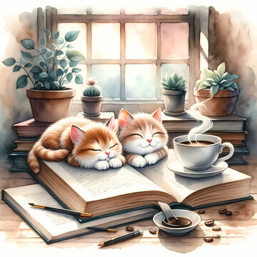 A watercolor painting depicting a peaceful scene of two cute cats sleeping soundly on an opened book, accompanied by a cup of coffee, plant pots
