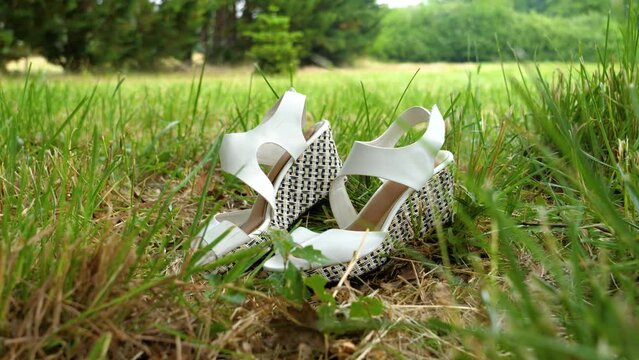 Slow establishing shot of wedding shoes sitting in a green meadow in France