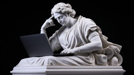 Classical marble woman statue absorbed in laptop work against a stark black backdrop, capturing focus and contrast. Black and white, copy space
