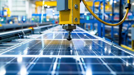 Solar Panels are being Assembled on Conveyor. Smart Automated Manufacturing. - obrazy, fototapety, plakaty