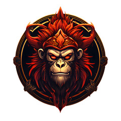 The Smiley Evil Red Monkey King illustration Logo, isolated with tranparent background. Horned Demonic Monkey, Ape, Chimpanzee, Gorilla vector icon. Monkey head logo with crown