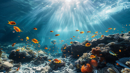 Underwater scene. Coral reef, colorful fish groups - obrazy, fototapety, plakaty