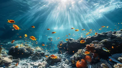 Poster Underwater scene. Coral reef, colorful fish groups © Mangsaab