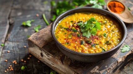 Dal tadka is a popular Indian dish where cooked spiced lentils are finished with a tempering made of ghee or oil and spices - obrazy, fototapety, plakaty