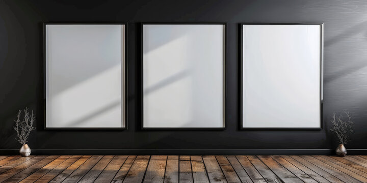 empty vertical frame on black wall mockup with wood floor background