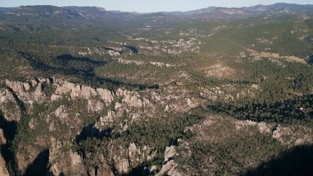 Natural environment drone landscape of Copper Canyon Mexican Mountains Skyline of Green trees and rocky range formation, Mexico Chihuahua Sierra Madre Occidental, Travel Trek Spot