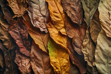  tobacco leaves, carefully arranged to showcase their textures and colors. The aging process that enhances the flavor of cigars.