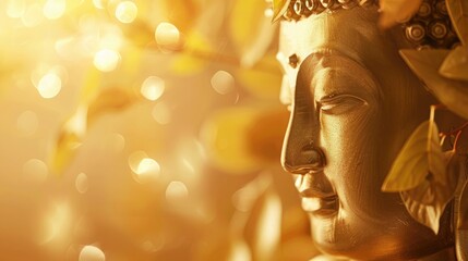 Obraz premium Makha Asanaha Visakha Bucha Day Golden Buddha image. Background of Bodhi leaves with shining light. Soft image and smooth focus style