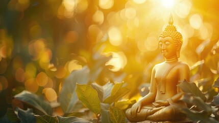 Makha Asanaha Visakha Bucha Day Golden Buddha image. Background of Bodhi leaves with shining light....