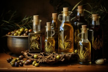 Obraz na płótnie Canvas Refillable Olives oil bottles. Healthy food. Generate Ai