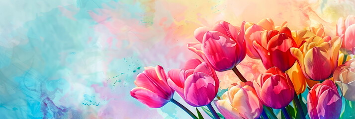 Vibrant watercolor background featuring a bouquet of tulips, perfect for celebrating the arrival of spring. Generative AI - obrazy, fototapety, plakaty