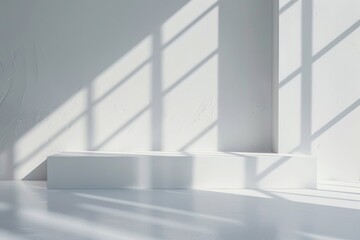 A white room with a white bench and a white wall