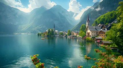 Papier Peint photo Mont Cradle A serene alpine lake glistens under the European summer sun, cradled by majestic mountains that echo the tranquility of nature in Austria