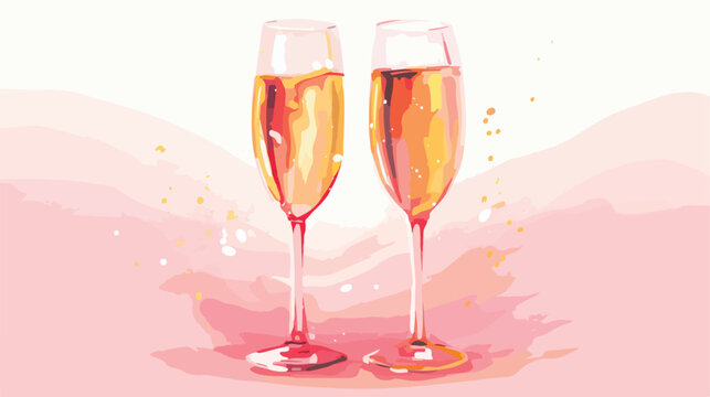 Two glasses with sparkling wine cheers on a pink background