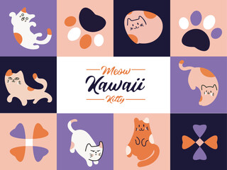 Kawaii Cats vector illustration  Smiling Kitty, cute and round-faced cat