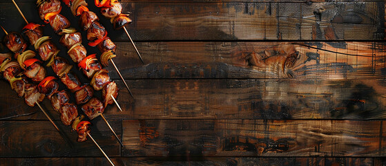 Grilled meat skewers on wooden table with empty copy space. Food background. - obrazy, fototapety, plakaty