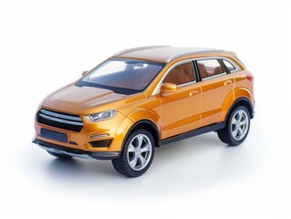 Fototapeta na wymiar Orange toy SUV car model isolated on a white background, showcasing details and design.