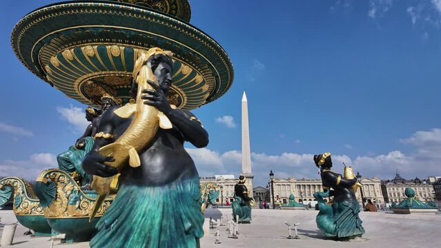 Close-up of fountain at Place de la Concorde square with obelisk in background, Paris in France. Timelapse motionlapse