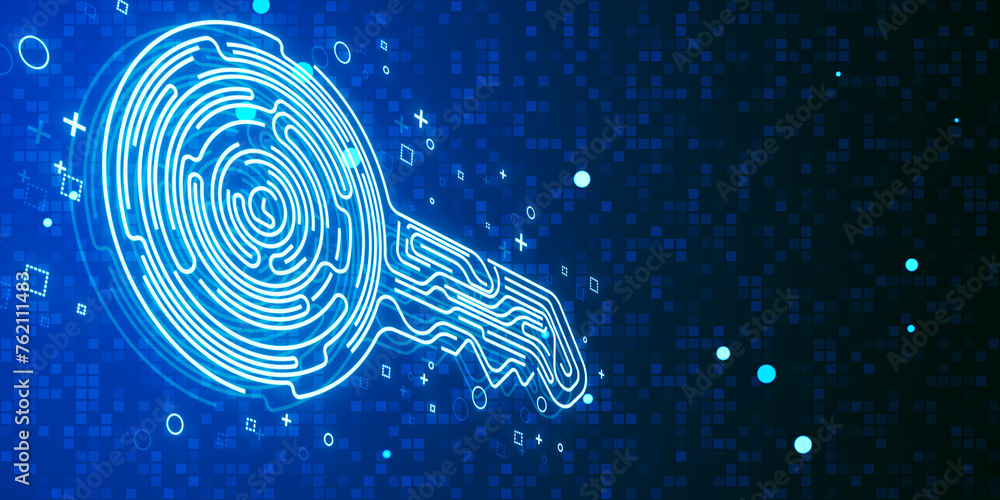 Poster Creative fingerprint key on blue wallpaper. Concept of cyber security or private key in cryptocurrency technology, shape of key combined with fingerprint and electronic pattern. 3D Rendering.