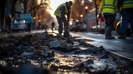 construction workers are repairing damaged road asphalt - obrazy, fototapety, plakaty
