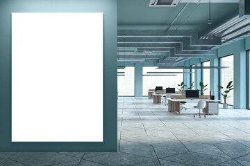 Modern spacious coworking office interior with empty white mock up banner, furniture, windows and city view. 3D Rendering.