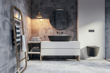 Bright light marble hotel style bathroom interior. Interior designs concept. 3D Rendering.