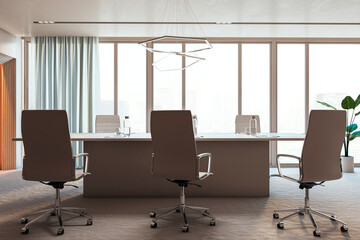 Luxury spacious meeting room office interior with furniture and panoramic window with city view and daylight. 3D Rendering.