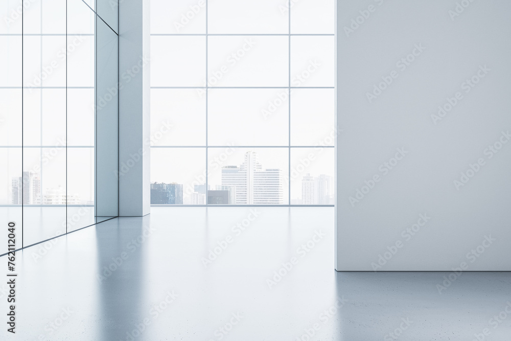 Poster modern concrete office hallway with mock up place on wall, panoramic window, reflections and columns