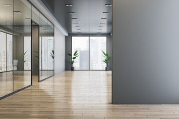 Modern glass office corridor interior with blank mock up place on wall, wooden flooring, window with city view and reflections. 3D Rendering. - 762112046