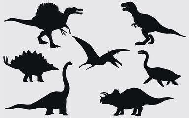 Print. Black silhouettes of dinosaurs. Vector on a gray background