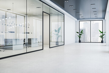 Clean glass office corridor interior with concrete flooring, window with city view and reflections. 3D Rendering.