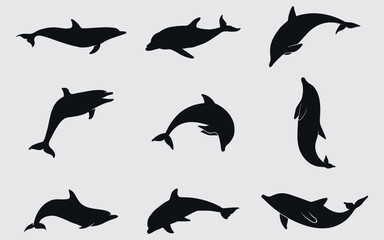 Print. Black silhouettes of dolphins. Vector on a gray background