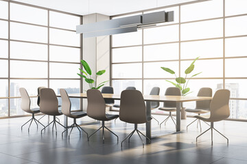 Modern conference room interior with window and city view. 3D Rendering.