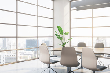 Contemporary conference room interior with window and city view. 3D Rendering.