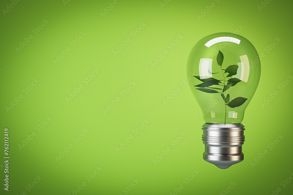 Aufkleber abstract glass light bulb with plant inside on light backdrop with mock up place. green energy conce
