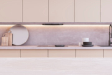 Blurred kitchen interior with focus on an empty tabletop in the foreground. 3D Rendering