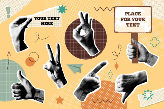 Concept of vintage new nostalgia collage style. Set of paper halftone hands wth different gestures. Retro vector pop art design.