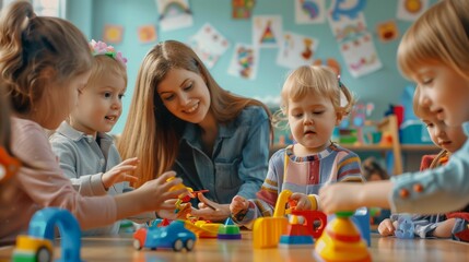 a female teacher plays with young children in the background of a kindergarten room