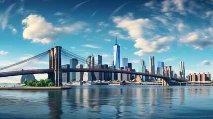 A panoramic view of the New York City skyline with the Brooklyn Bridge in front, a clear blue sky...