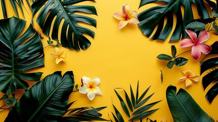 Fototapeta na wymiar Summer bright yellow background with exotic green leaves and mango flowers.