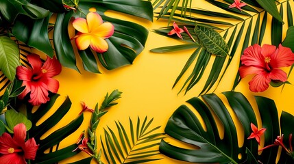 interiors exotic flowers and leafs on yellow background