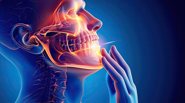 Toothache: Visual Effects Rendering of Person Holding Jaw in Pain, Signifying Dental Pain or Toothache. AI Generated.