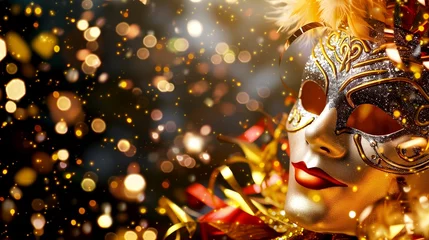 Gardinen Carnival background. Rectangular Background with gold and dark sequins and a golden helmet in the corner. © Ksenia Grain