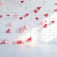 A white room with a brick wall with a large window has lots of red hearts flying around.